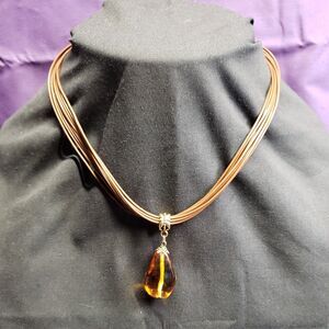 Lia Sophia Signed Gold Tone Brown Cord Amber Teardrop Glass Pendant Necklace